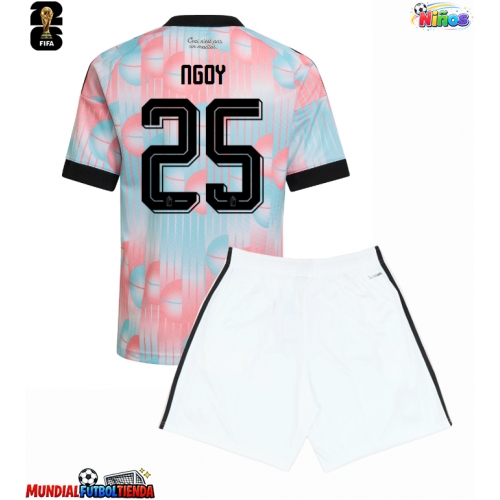 Camiseta Bélgica Nathan Ngoy #25 Segunda Equipación Replica Mundial 2026 para niños mangas cortas (+ Pantalones cortos)